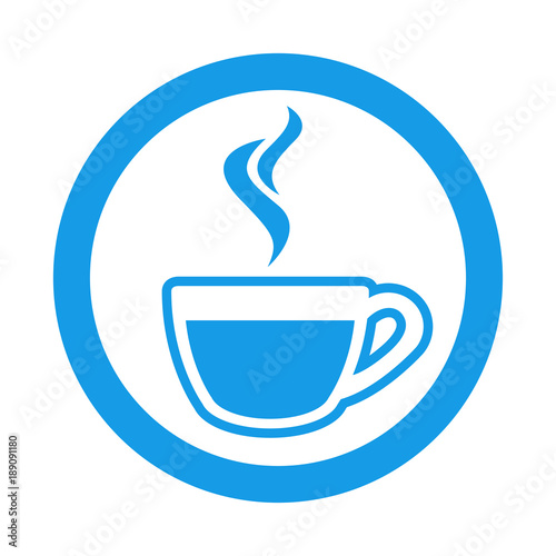 Icono plano taza cafe humeante en circulo color azul