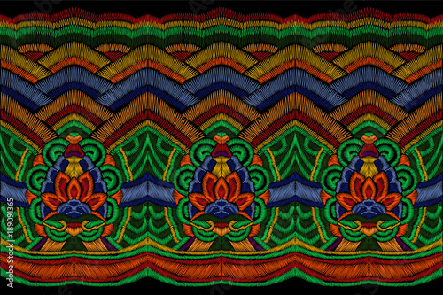 Traditional embroidery clothes decoration. National Korean fashion seamless border colorful ethnic asian oriental background ornament patch vector illustration