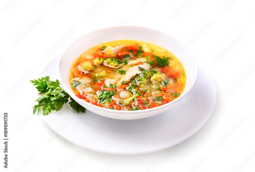 Vegetable chicken soup isolated.