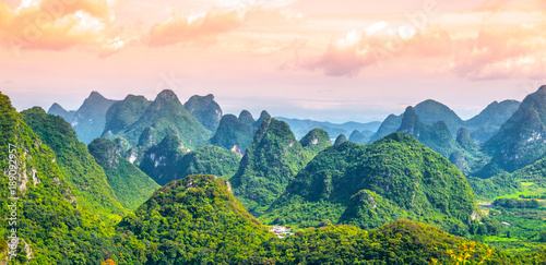 Panoramic view of landscape with karst peaks around Yangshuo County and Li River, Guangxi Province, China.