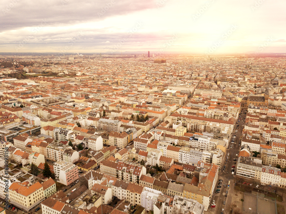 Bird view of the city of Vienna at sunset