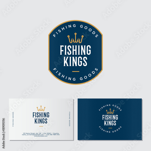 Fishing logo. Fishing or fishing equipment store logo. Fisher Club emblem. Fishing sport club. Hooks as a crown and letters. Identity. Business card.