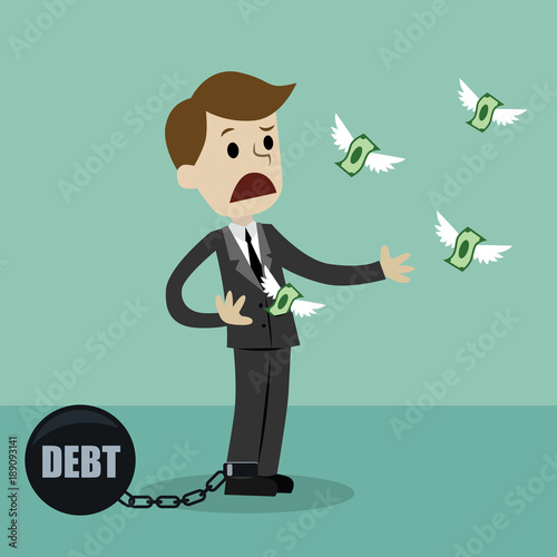 Businessman losing his money because of debt. Money fly away like birds. Vector illustration