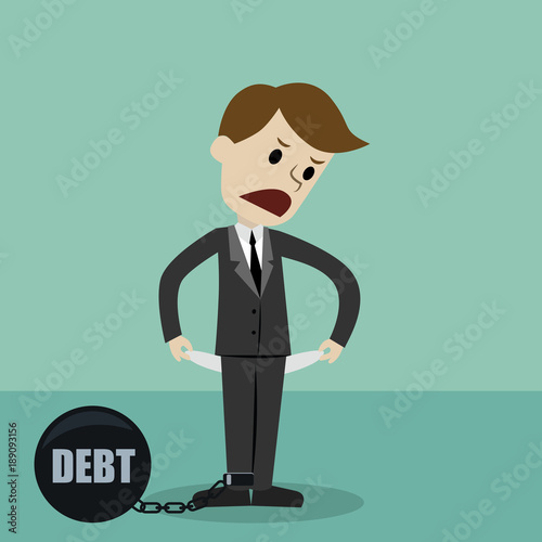 Businessman standing and showing his empty pocket, turning his pocket inside out, no money because of debt. Bankruptcy