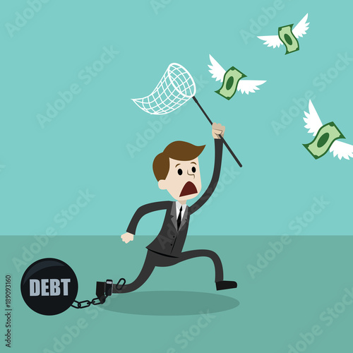 Businessman with a butterfly net trying to catch money and loosing because of debt.