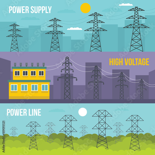 Electrical tower voltage banner horizontal concept set. Flat illustration of 3 electrical tower voltage vector banner horizontal concepts for web