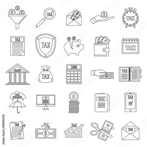 Taxes icons set. Outline illustration of 25 taxes vector icons for web