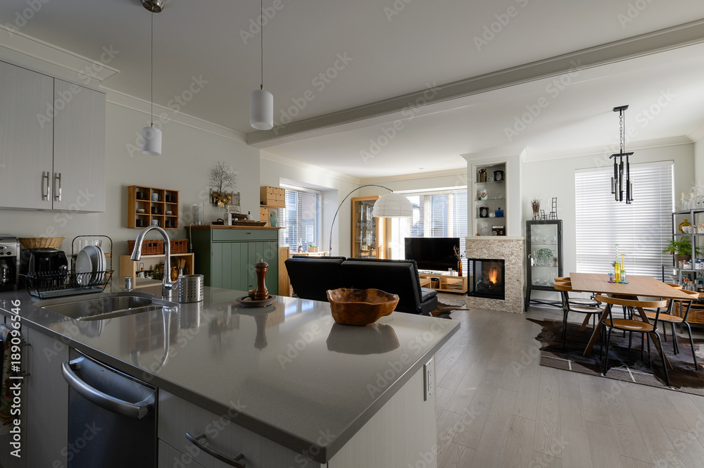 Modern white kitchen and living room. Interior design. Stock Photo