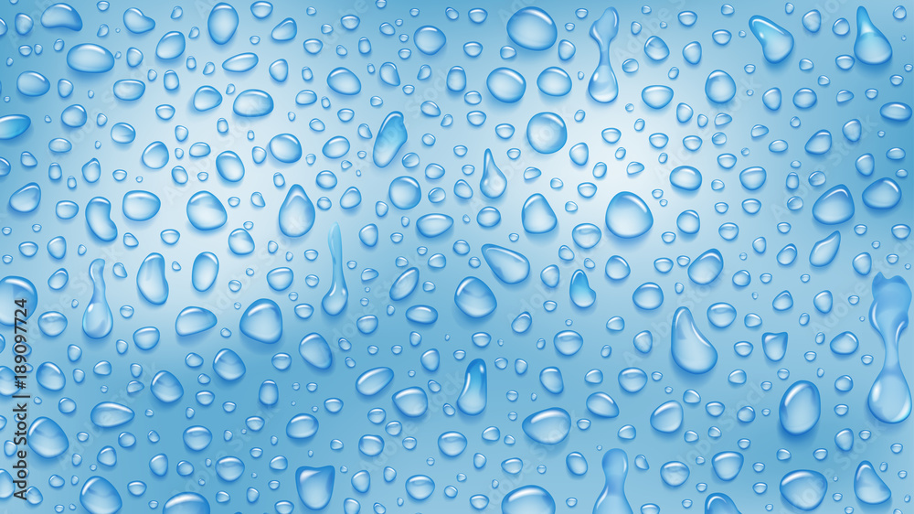 Background of water drops of different shapes with shadows in light blue colors