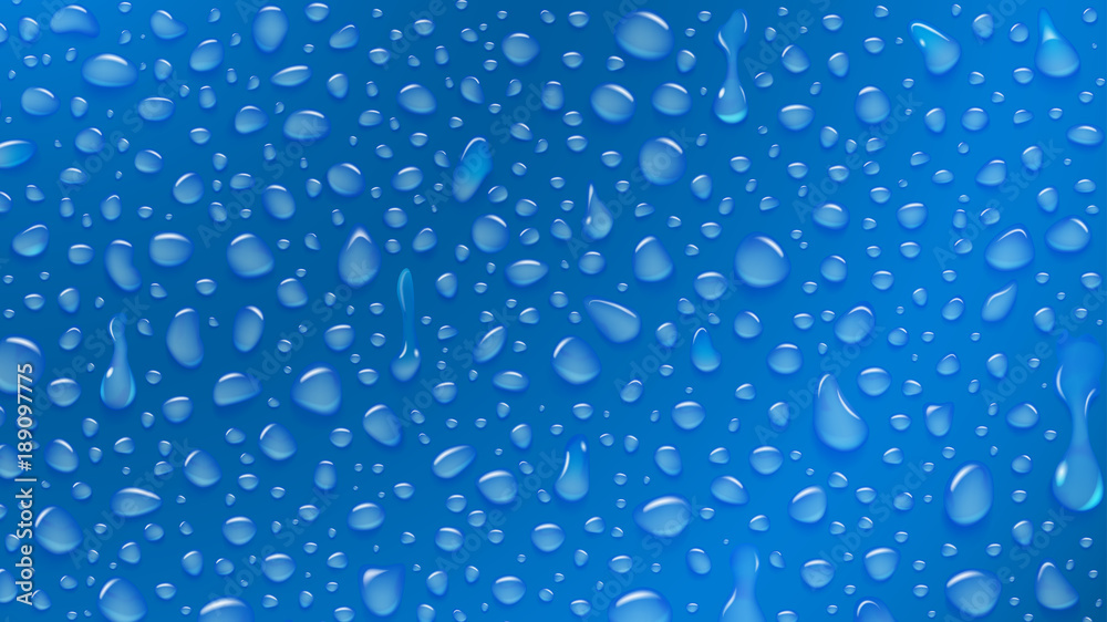 Background of water drops of different shapes with shadows in blue colors