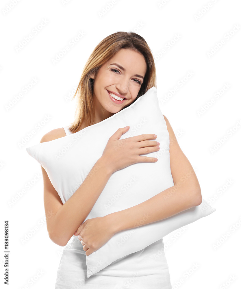 Young woman with soft pillow on white background Young woman with soft pillow on white background