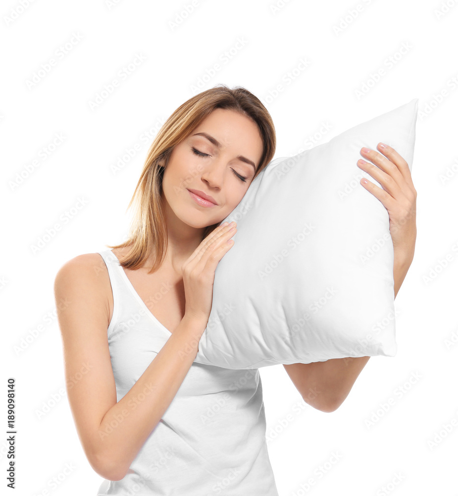 Young woman with soft pillow on white background Young woman with soft pillow on white background