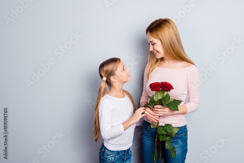 Mum mommy mama maternity people bliss delight rejoice touching memories gladness blonde hair generation concept. Cute sweet beautiful two kin mum celebrating mother's day isolated on gray background