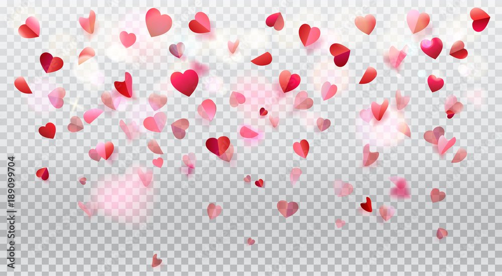 Happy Valentines Day romance background with heart shapes blurred confetti rose petals, flying, red pink color transparent bokeh lights vector decoration.