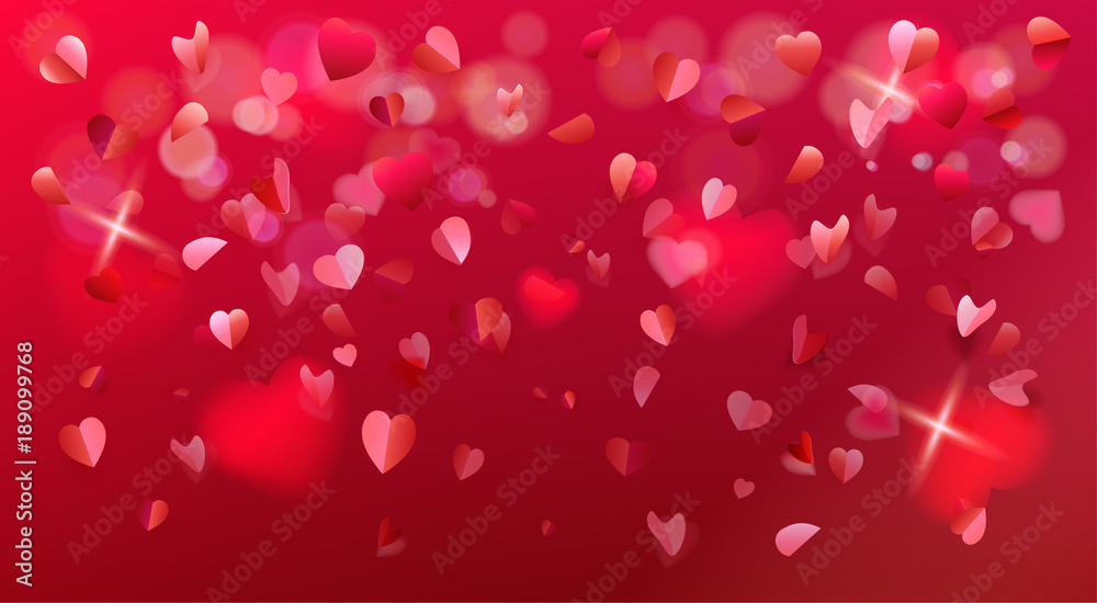Happy Valentines Day romance background, heart shapes blurred confetti rose petals, flying, red pink color transparent bokeh lights vector decoration, greeting card anniversary, love day, celebrate