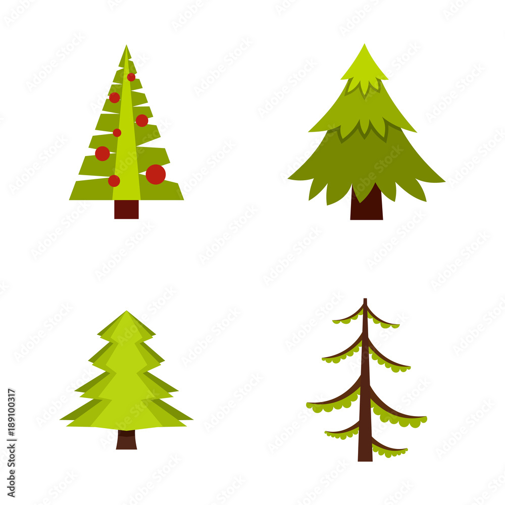 Fir tree icon set, flat style Fir tree icon set, flat style