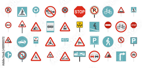 Road sign icon set, flat style