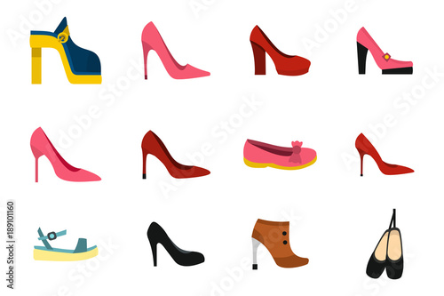 Woman shoes icon set, flat style