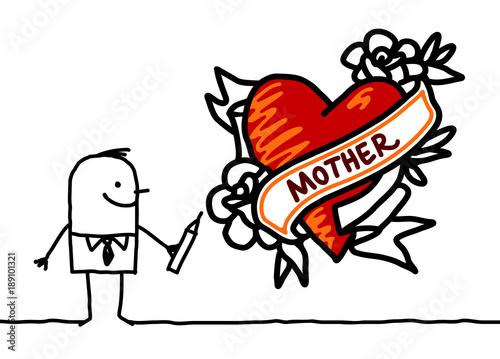 Cartoon Man Drawing a Tattoo Style Heart