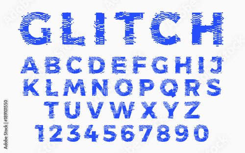Abstract distorted glitch font. Trendy style lettering typeface. Old television screen distortion and digital pixel effect. Latin alphabet from A to Z and numbers from 0 to 9. Vector illustration.