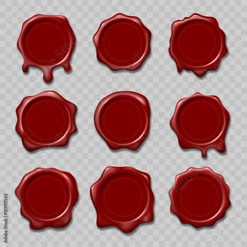 Retro and old seal wax stamps. Set of isolated stamps for certificate and document, letter, envelope. Protection and certification, guarantee and quality mark. Business Agreements. Postage, mail.