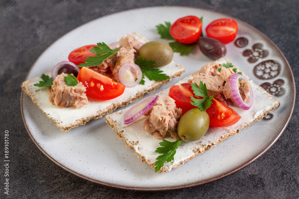Cracker with tuna spread topping and vegetables