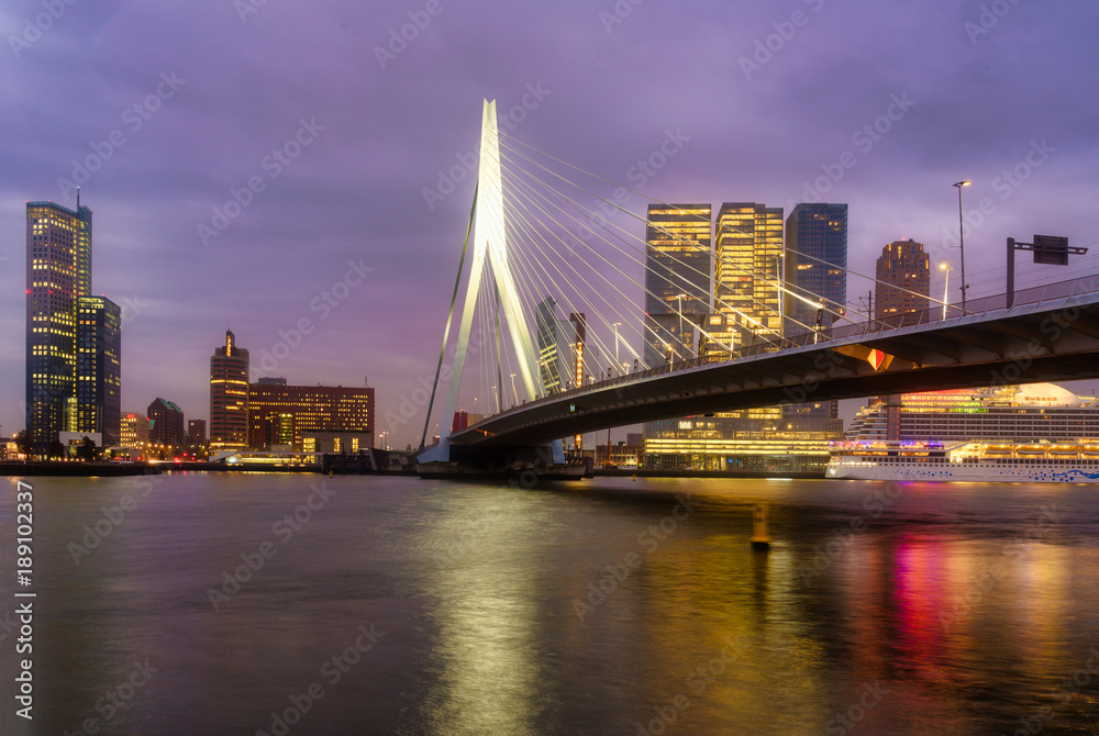 Fototapeta premium Erasmus bridge with Rotterdam skylines, Netherlands in November 6, 2017
