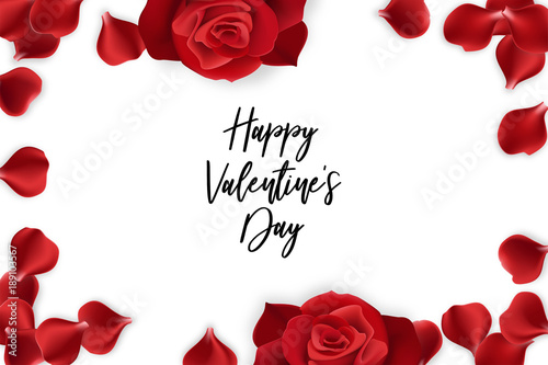 Red rose petal isolated white background. Vector wedding illustration. Valentines Day greeting card. Valentine floral poster. Random falling petals. Isolated greeting frame