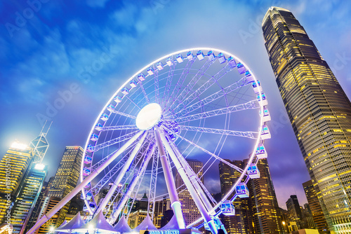 Hong Kong Observation Wheel at night. Located on the Central and Wan Chai Reclamation overlooking Victoria Harbour in Hong Kong.