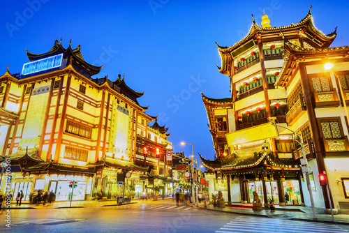 Shanghai at night. City God Temple and Yu Garden Tourist Area. Located in Shanghai City, China.