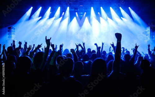 Obraz na płótnie Crowd raising hand in the air and enjoying concert on a festival
