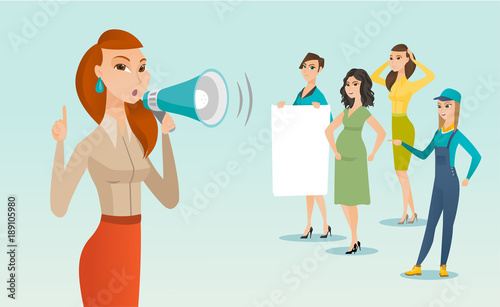 Young caucasian white woman shouting into a loudspeaker at a feminist protest action in a crowd of women - woman with a poster, pregnant woman, female worker in overalls. Vector cartoon illustration.