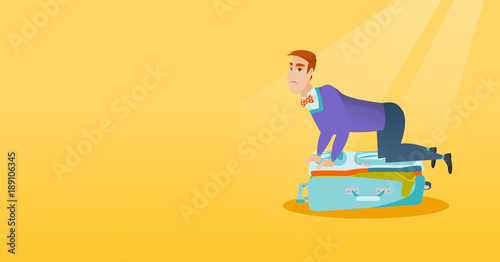 Young caucasian white man sitting on a suitcase and trying to close it. Frustrated man having problems with packing a lot of clothes into a suitcase. Vector cartoon illustration. Horizontal layout.