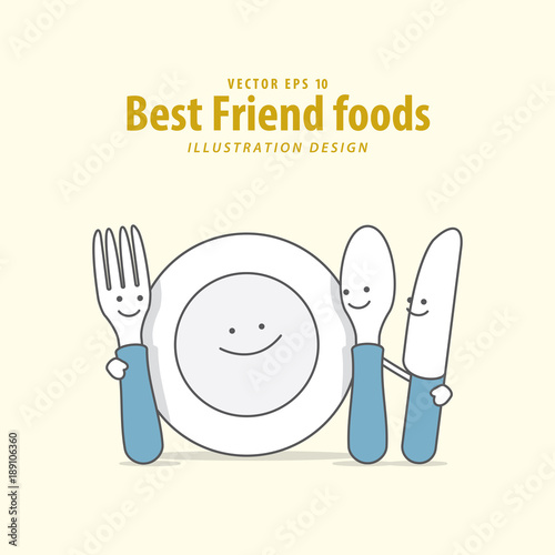 Cartoon character of Fork, Plate, Spoon, Knife illustration vector on pale yellow background. Best friend foods concept.