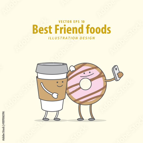 Cartoon character of Coffee, Donut illustration vector on pale yellow background. Best friend foods concept.
