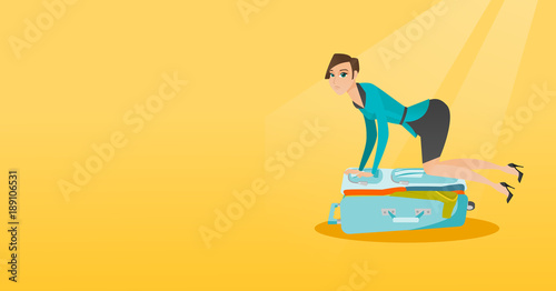 Young caucasian white woman sitting on a suitcase and trying to close it. Frustrated woman having problems with packing a lot of clothes into a suitcase. Vector cartoon illustration. Horizontal layout