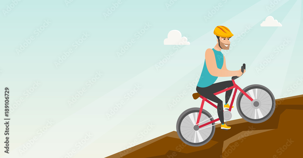 Young happy caucasian white traveler man in helmet riding a mountain bike in the mountains. Vector cartoon illustration. Horizontal layout.