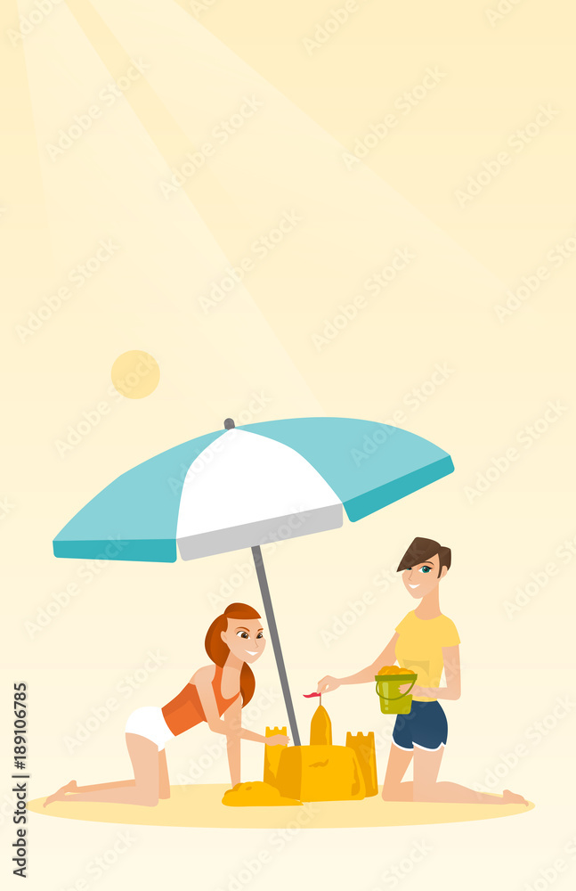 Cheerful caucasian women making a sand castle on the beach under beach umbrella. Smiling friends building a sandcastle. Tourism and beach holiday concept. Vector cartoon illustration. Vertical layout.