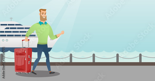 Young caucasian white passenger walking on the background of cruise liner. Smiling passenger with a suitcase goes to a cruise liner along the station. Vector cartoon illustration. Horizontal layout.