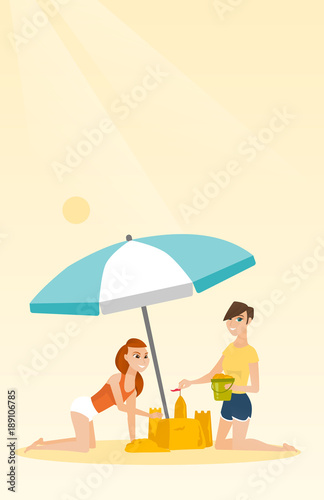 Cheerful caucasian women making a sand castle on the beach under beach umbrella. Smiling friends building a sandcastle. Tourism and beach holiday concept. Vector cartoon illustration. Vertical layout. © Visual Generation