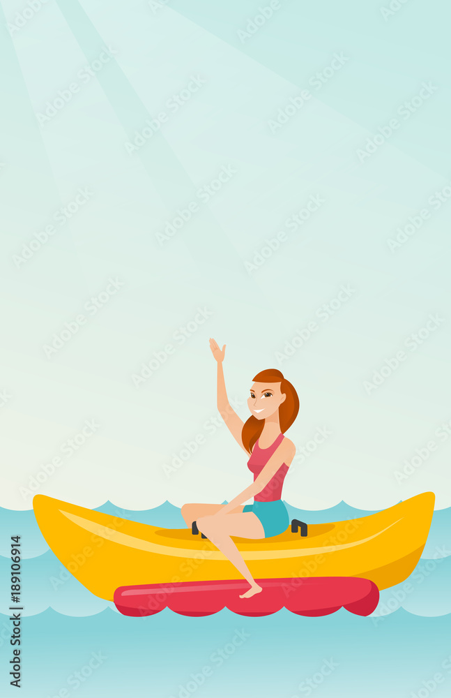 Young caucasian white woman riding a banana boat and waving hand. Cheerful woman having fun on a banana boat in the sea. Woman enjoying summer vacation. Vector cartoon illustration. Vertical layout.