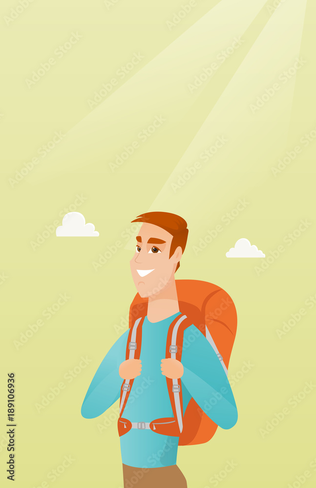Young caucasian white traveler man standing with a backpack and enjoying his recreation time. Happy smiling man during summer trip. Vector cartoon illustration. Vertical layout.