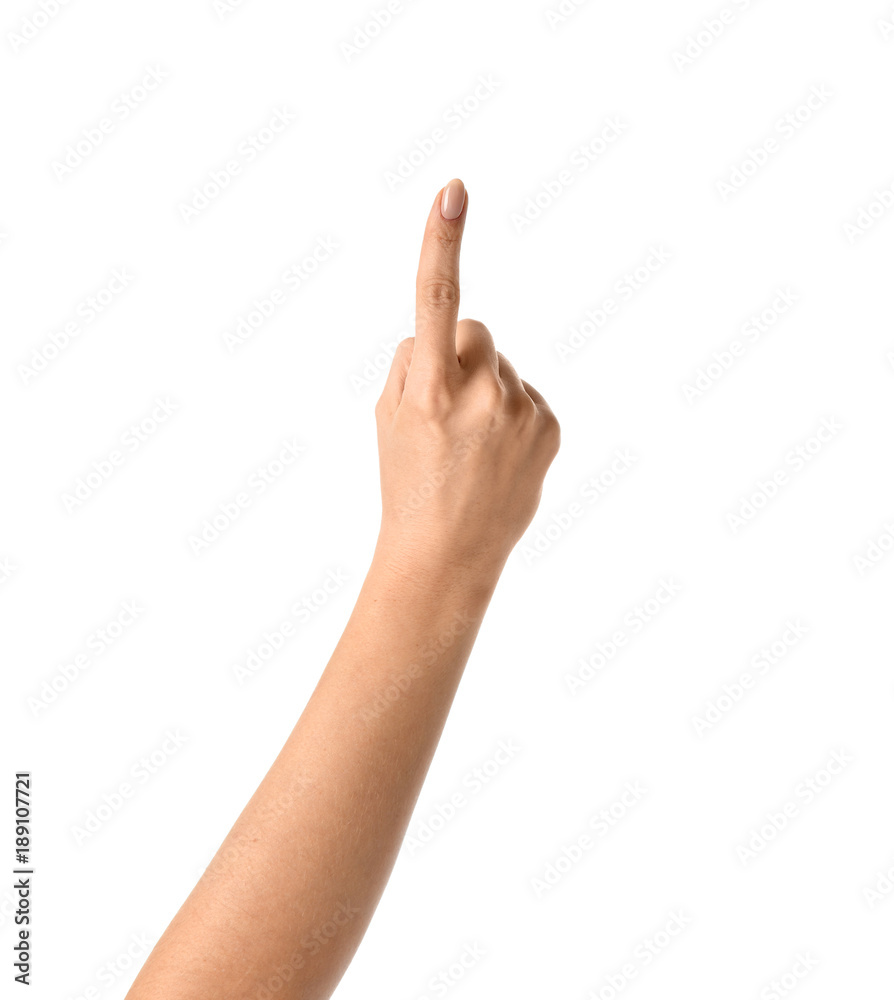 Woman hand pointing touching or pressing finger Woman hand pointing touching or pressing finger