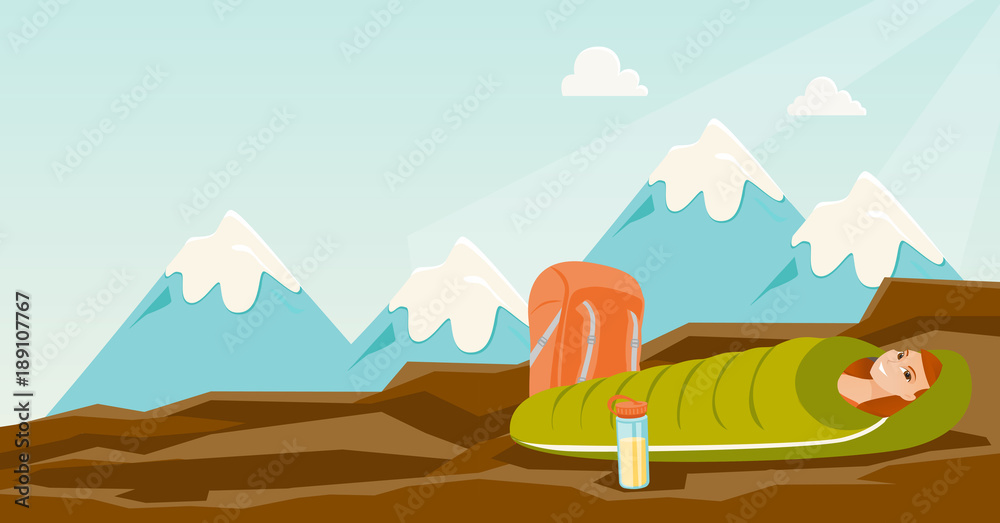 Young caucasian white woman sleeping in a sleeping bag during a hike in the mountains. Woman laying on the ground wrapped up in a mummy sleeping bag. Vector cartoon illustration. Horizontal layout.