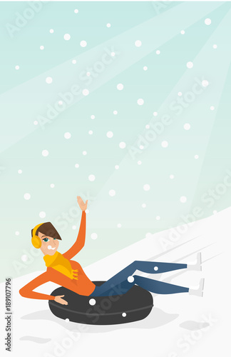 Young joyful caucasian white woman sledding on snow rubber tube and waving hand. Winter leisure activity concept. Vector cartoon illustration. Vertical layout.