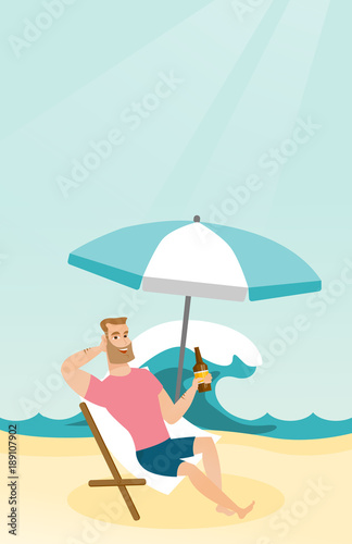 Young caucasian white man sitting on a chaise-longue on the beach. Happy smiling man relaxing on a chaise-longue and drinking beer. Vector cartoon illustration. Vertical layout.