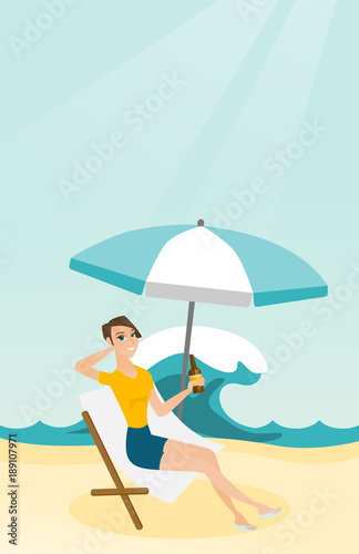 Young caucasian white woman sitting on a chaise-longue on the beach. Happy smiling woman relaxing on a chaise-longue and drinking beer. Vector cartoon illustration. Vertical layout.