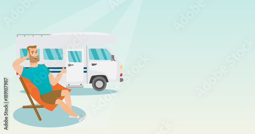 Young caucasian white man sitting in a folding chair and giving thumb up on the background of camper van. Smiling man enjoying vacation in camper van. Vector cartoon illustration. Horizontal layout.