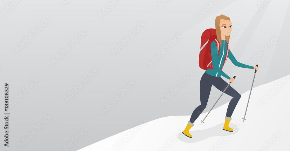 Caucasian white mountaineer climbing a ridge with help of hiking poles. Young mountaineer with a backpack and trekking poles walking up along a ridge. Vector cartoon illustration. Horizontal layout. Caucasian white mountaineer climbing a ridge with help of hiking poles. Young mountaineer with a backpack and trekking poles walking up along a ridge. Vector cartoon illustration. Horizontal layout.