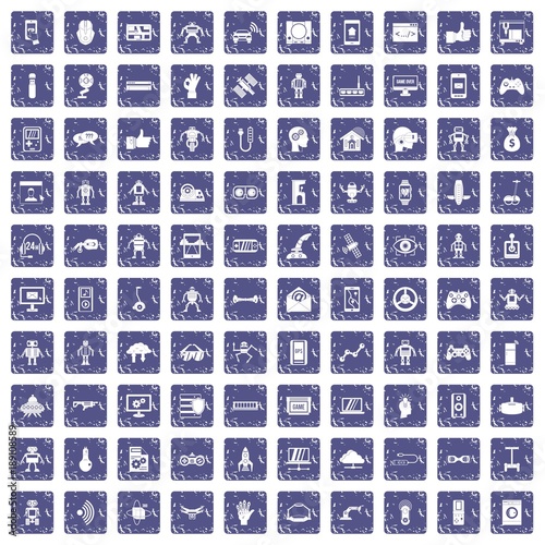 100 robot icons set grunge sapphire